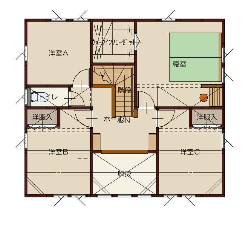 高勝の家 【大崎市｜間取り図有】吹き抜け＆畳コーナー一体型リビングでくつろげる和モダン住宅の間取り図（4LDK）2階