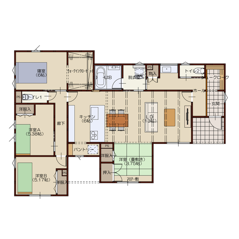 高勝の家 【間取り図有｜平屋】プライベートとパブリックを使い分けた、暮らしやすい平屋の家の間取り図（3LDK）1階