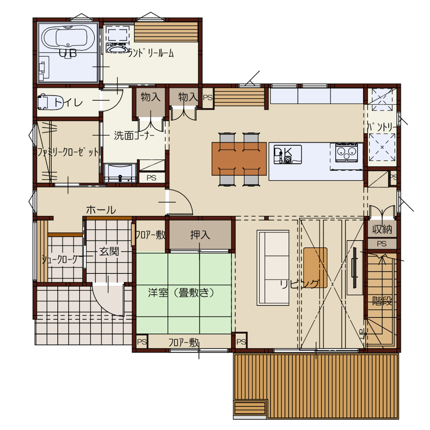 高勝の家 【間取り図有】無垢床と吹き抜けが心地いい住まい。便利な家事動線や趣味スペースも叶って大満足の間取り図（3LDK）1階