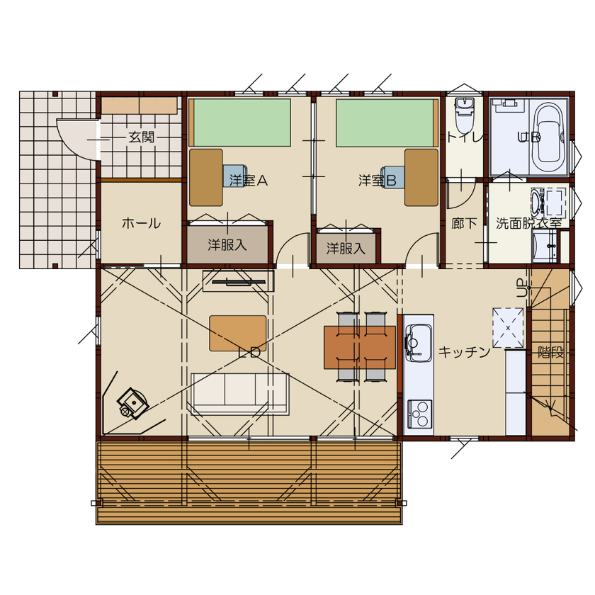 高勝の家 【間取り図有｜吹き抜け｜薪ストーブ】子どもの感性が育つ、木のある暮らし。休日は家族でBBQもの間取り図（3LDK）1階