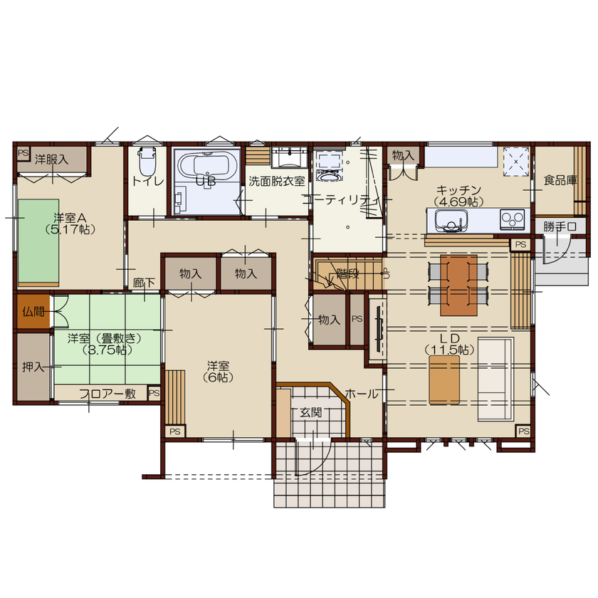 高勝の家 【大崎市｜間取り図有｜二世帯】ゾーニングで家族みんなが快適。便利な家事動線で洗濯が効率的にの間取り図（6LDK）1階