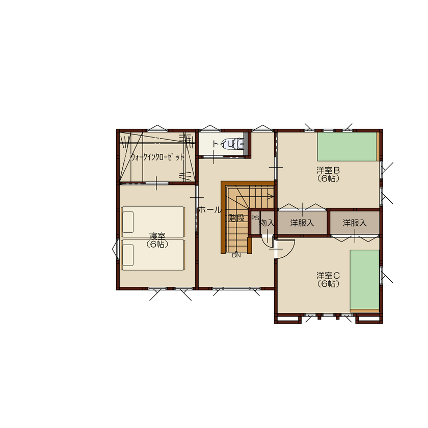 高勝の家 【大崎市｜間取り図有｜二世帯】ゾーニングで家族みんなが快適。便利な家事動線で洗濯が効率的にの間取り図（6LDK）2階