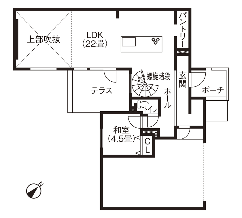 ジョイフルホーム 【札幌市/3LDK間取図あり/4500~5000万円】らせん階段、インナーガレージのあるモダンな邸宅の間取り図（3LDK）１階