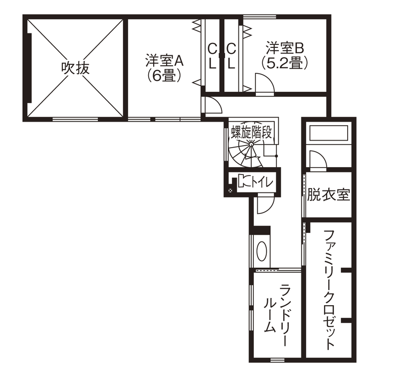 ジョイフルホーム 【札幌市/3LDK間取図あり/4500~5000万円】らせん階段、インナーガレージのあるモダンな邸宅の間取り図（3LDK）２階