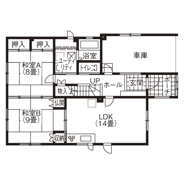 藤和建業（パナソニックビルダーズグループ） 【札幌市/4人家族(両親+夫婦)/2LDK＋3LDK間取図】お互いに気兼ねなく暮らせる　玄関共用の快適な二世帯住宅の間取り図（2ＬＤＫ＋3ＬＤＫ）1階