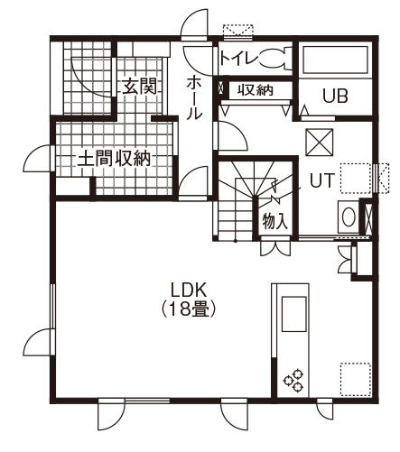藤和建業（パナソニックビルダーズグループ） 【札幌市/2LDK間取図】アウトドア用品を並べられる土間収納に感激。回遊動線や広々キッチンも理想通りの間取り図（2LDK）1階