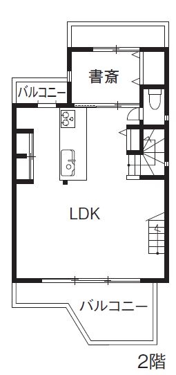 八幡 【東京ゼロエミ水準3/2000万円台/25坪/間取り図】吹き抜けと大開口が生む明るく開放的にのびのび暮らせる家の間取り図（3LDK）2階
