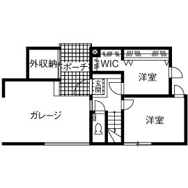 八幡 【東京ゼロエミ水準3/31坪/間取り図】アウトドア派も満足の収納力抜群なビルトインガレージの箱型外観な家の間取り図（2LDK+ビルトインガレージ）1階