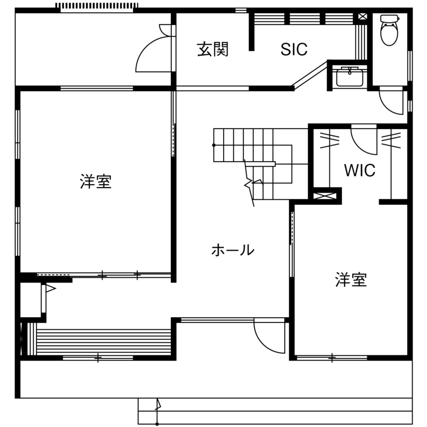 八幡 【ZEH仕様住宅/3664万円/40坪/間取り図/太陽光発電/2階LDK】階段を中心に家事効率もいいゆとりある空間の家の間取り図（3LDK）1階