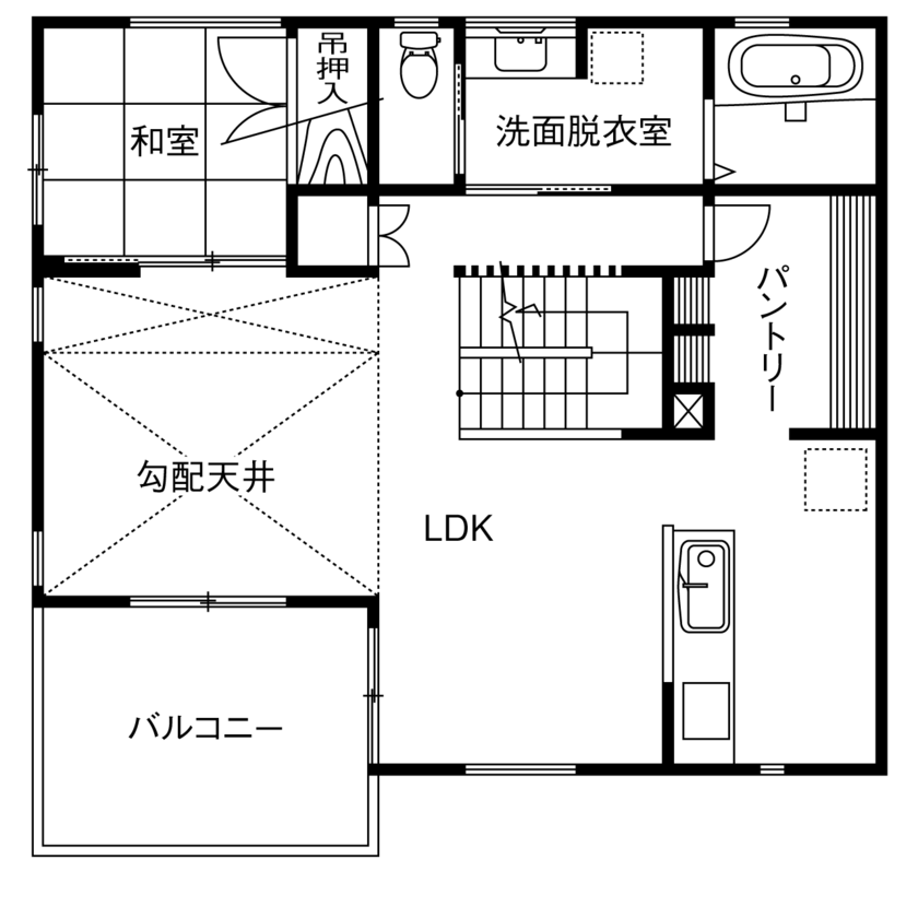 八幡 【ZEH仕様住宅/3664万円/40坪/間取り図/太陽光発電/2階LDK】階段を中心に家事効率もいいゆとりある空間の家の間取り図（3LDK）2階