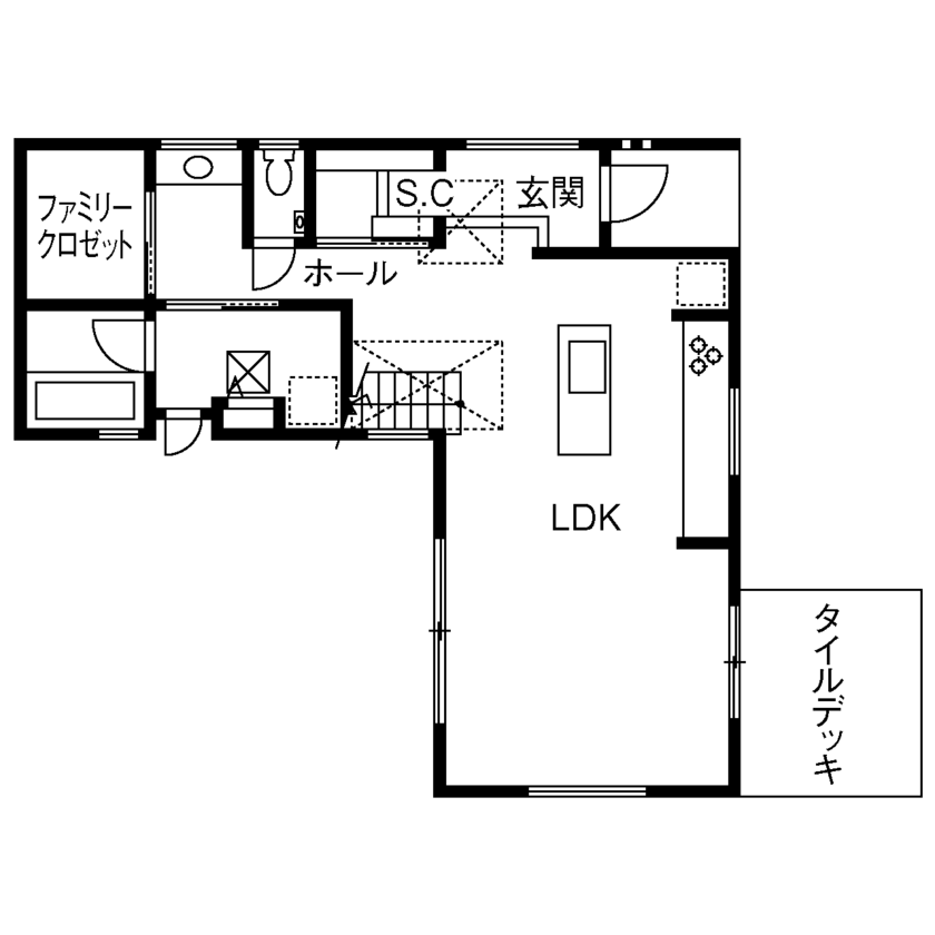 八幡 【東京ゼロエミ水準3/2800万円台/32.3坪/間取り図/吹き抜け】自然と会話がうまれる明るく開放的なL字型の家の間取り図（3LDK）1階
