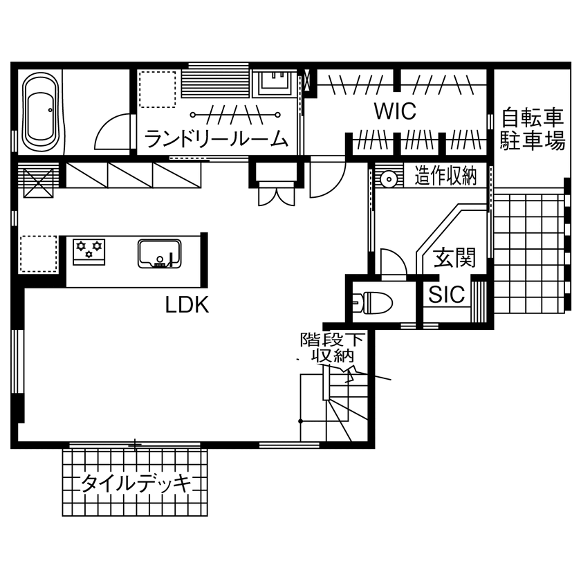 八幡 【2800万円台／太陽光発電／高気密・高断熱／回遊動線／間取図】快適動線と高性能を叶えた家族5人が集う家の間取り図（3LDK）1階