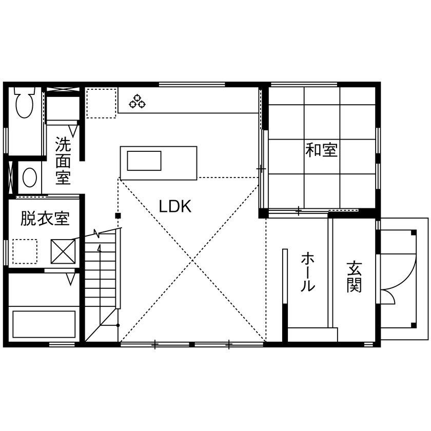 八幡 【東京ゼロエミ水準3/2800万円台/30坪/間取り図/太陽光発電】構造からこだわった統一感ある上品な注文住宅の間取り図（2LDK）1階