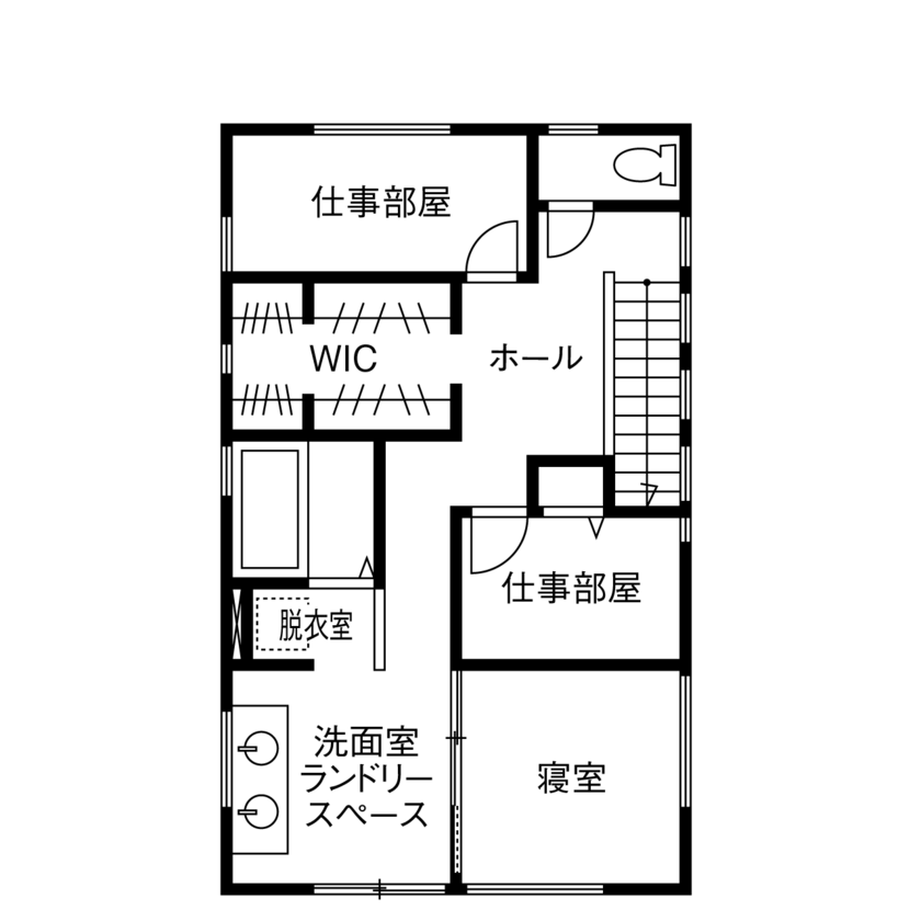 八幡 【東京ゼロエミ水準3/2700万円台/30坪台/太陽光発電】適正価格で建てる全館空調で快適な住み心地と動線の家の間取り図（2LDK+仕事部屋）2階