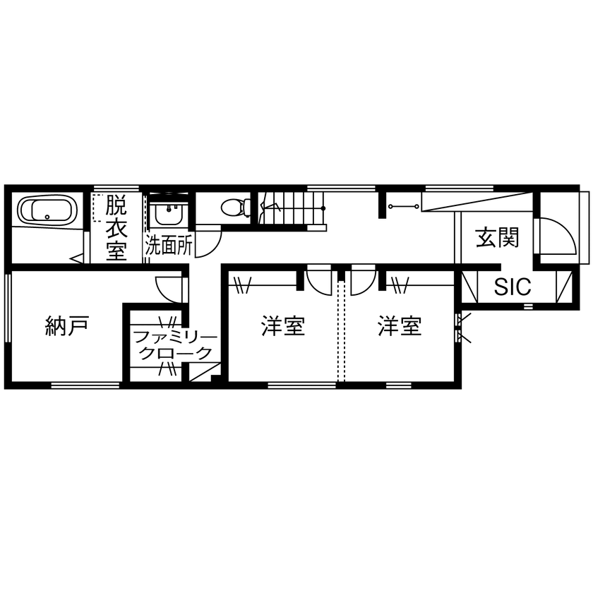 八幡 【2階リビング／家事動線／間取図】全開口でつながる広々バルコニー、太陽光発電搭載でZEH水準以上の住まいの間取り図（1LDK+納戸+FCL）1階