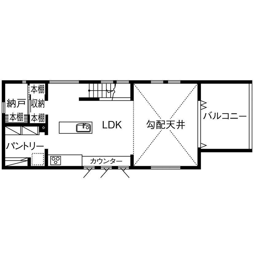八幡 【2階リビング／家事動線／間取図】全開口でつながる広々バルコニー、太陽光発電搭載でZEH水準以上の住まいの間取り図（1LDK+納戸+FCL）2階