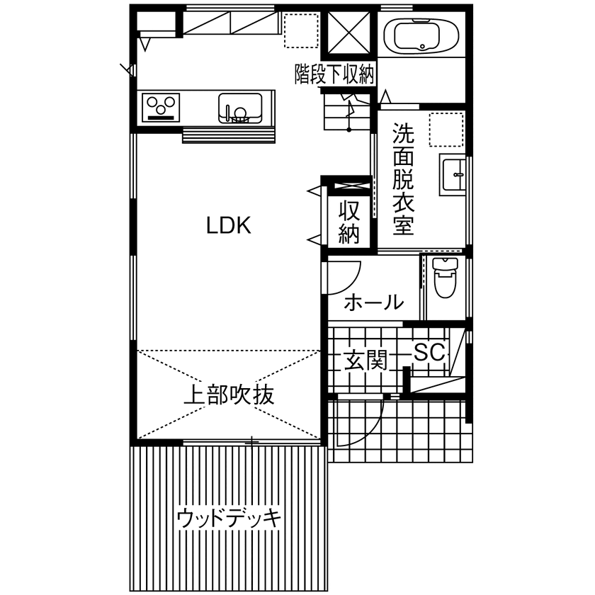 八幡 【2600万円台／吹抜／延床28坪／間取図】外から室内につながる緑と光。窓にこだわったのびやかな家の間取り図（3LDK＋書斎+FCL）1階