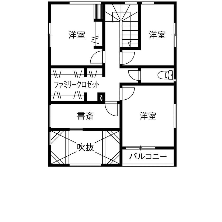 八幡 【2600万円台／吹抜／延床28坪／間取図】外から室内につながる緑と光。窓にこだわったのびやかな家の間取り図（3LDK＋書斎+FCL）2階