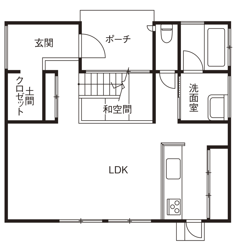 八幡 【ZEH仕様住宅／2800万円台／30坪台／間取り図】デザインと機能性を兼ね備えた家でお洒落&快適に暮らす！の間取り図（1LDK+フリースペース）1階