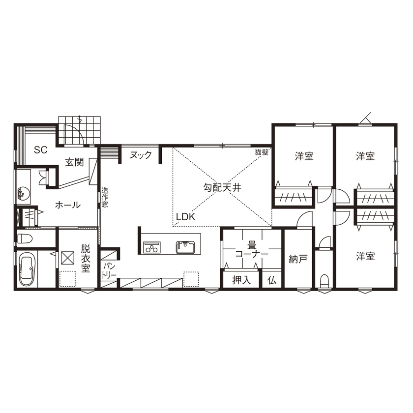 八幡 【3000万円台／平屋／東京ゼロエミ水準3（R6年度）／間取図】基本性能の高さとコスパで選んで大正解！の間取り図（3LDK+畳コーナー+納戸）1階