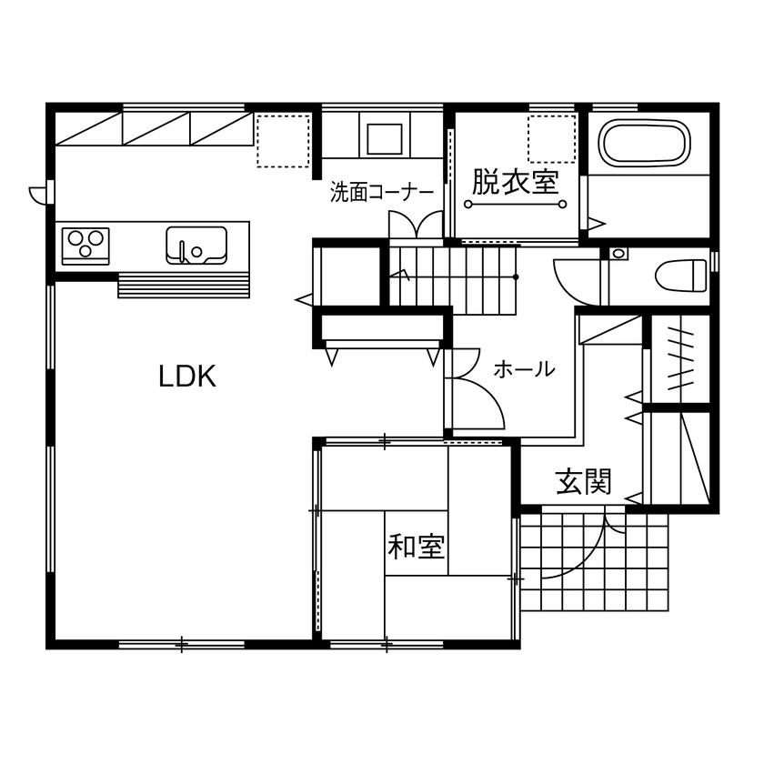 八幡 【2500万円～2999万円／収納充実／太陽光発電／間取図】家事と子育てをつなぐ効率的な動線とレイアウトの間取り図（4LDK+フリースペース）1階
