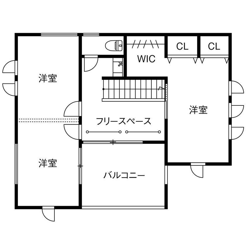 八幡 【2500万円～2999万円／収納充実／太陽光発電／間取図】家事と子育てをつなぐ効率的な動線とレイアウトの間取り図（4LDK+フリースペース）2階