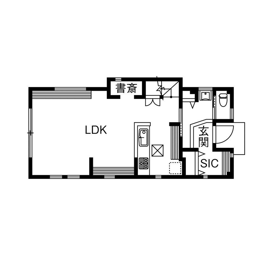 八幡 【2000万円～2499万円／延床28.6坪／間取図有／書斎】こだわり抜いたからこそ、家にいる時間がとても幸せ！の間取り図（2LDK+書斎+SIC）1階