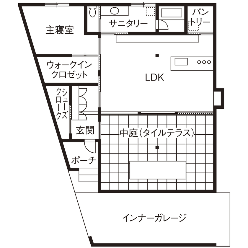 kisetsu 【平屋×ガレージハウス/間取り図】中庭が叶えてくれたカーテンレスな暮らしの平屋「開放感は格別です」の間取り図（1LDK）１階