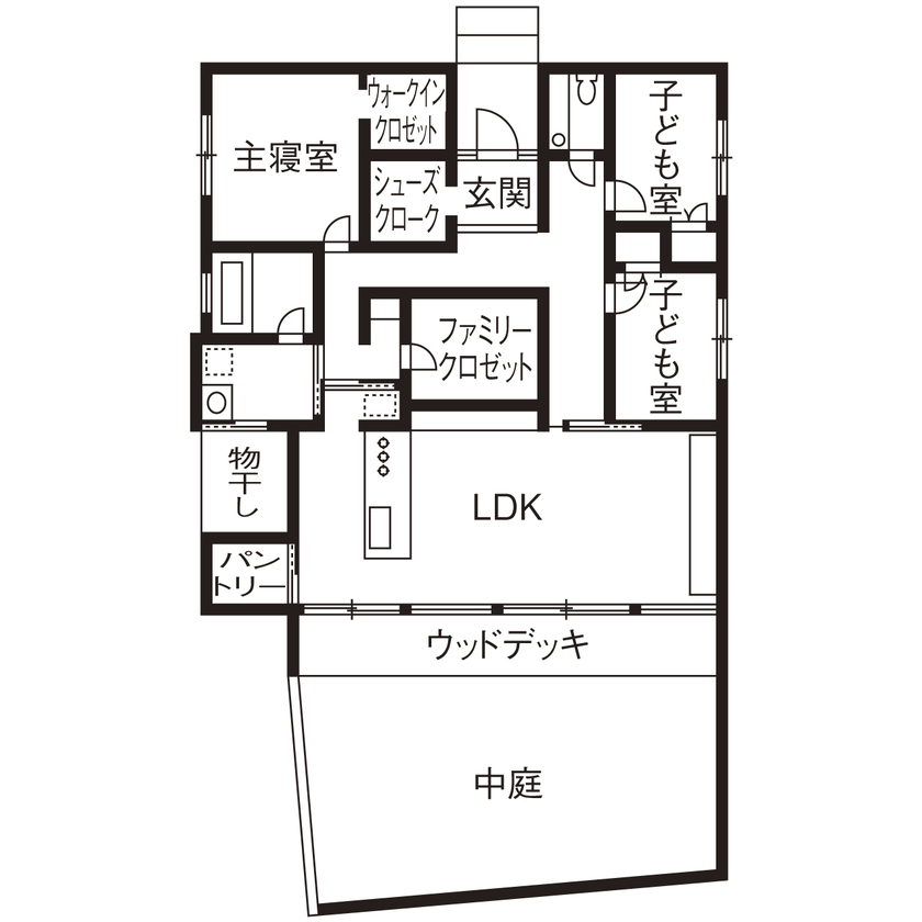 kisetsu 【平屋/中庭/30坪台/間取り図】ファミリークロゼットが住まいの中心の平屋。回遊動線が便利なコートハウスの間取り図（3LDK）１階