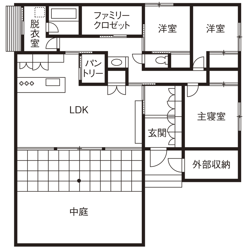 kisetsu 【平屋/中庭/モダン/間取り図】クローズドな中庭でキャンプ＆BBQ。庭との一体感が爽快な寄棟の和モダン平屋の間取り図（3LDK）１階
