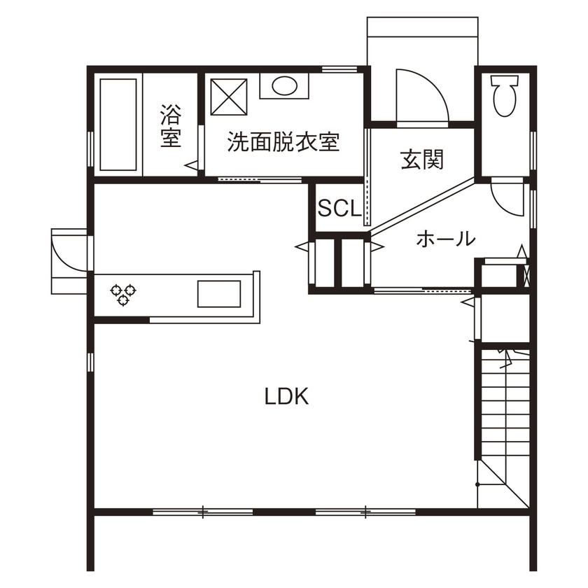 シンプル工務店 【1000万円台/30坪台/4LDK/間取り図】外はかっこよく中は無垢でかわいく。シンプルだから見事にマッチの間取り図（４LDK+WIC）1階
