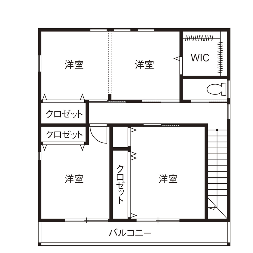 シンプル工務店 【1000万円台/30坪台/4LDK/間取り図】外はかっこよく中は無垢でかわいく。シンプルだから見事にマッチの間取り図（４LDK+WIC）2階