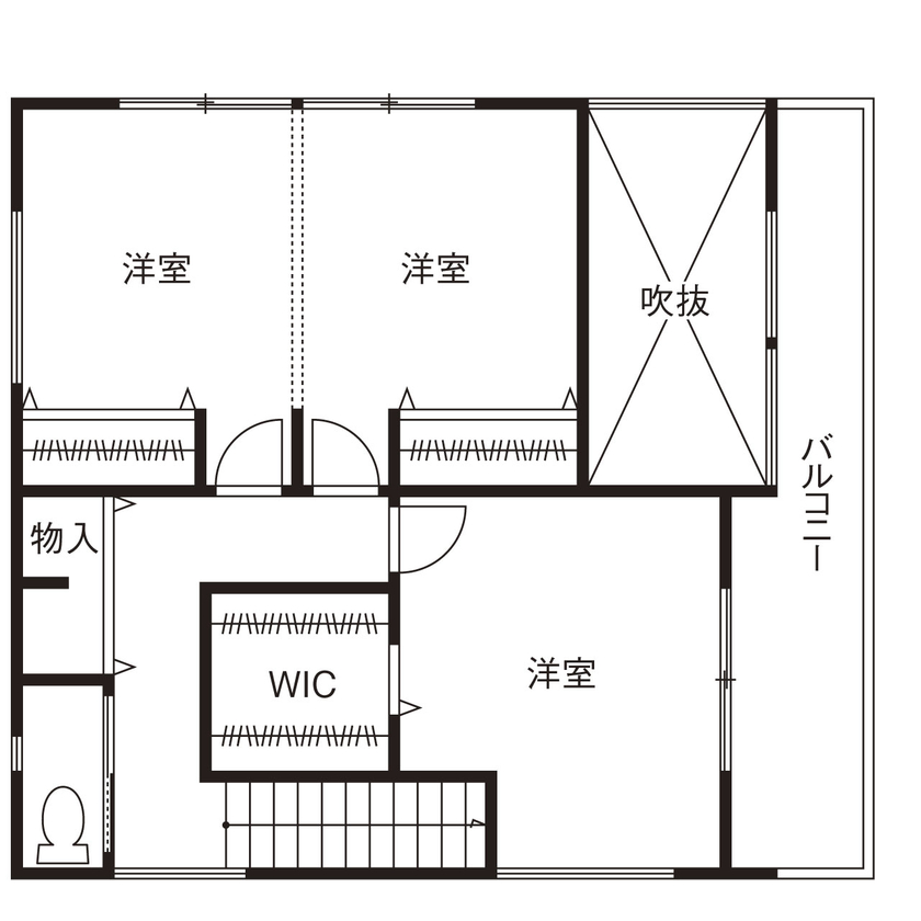 シンプル工務店 【1000万円台/約30坪/4LDK/吹抜けリビング/間取り図】シンプルモダンのデザインと広々暮らせる豊富な収納の間取り図（4LDK+WIC+SCL）2階