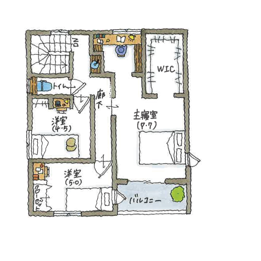 シンプル工務店 【1000万円台/土地30坪台/4LDK/注文住宅/間取り図面】書斎や和室、時短動線も叶った！シンプルでかわいい家の間取り図（4LDK）2階