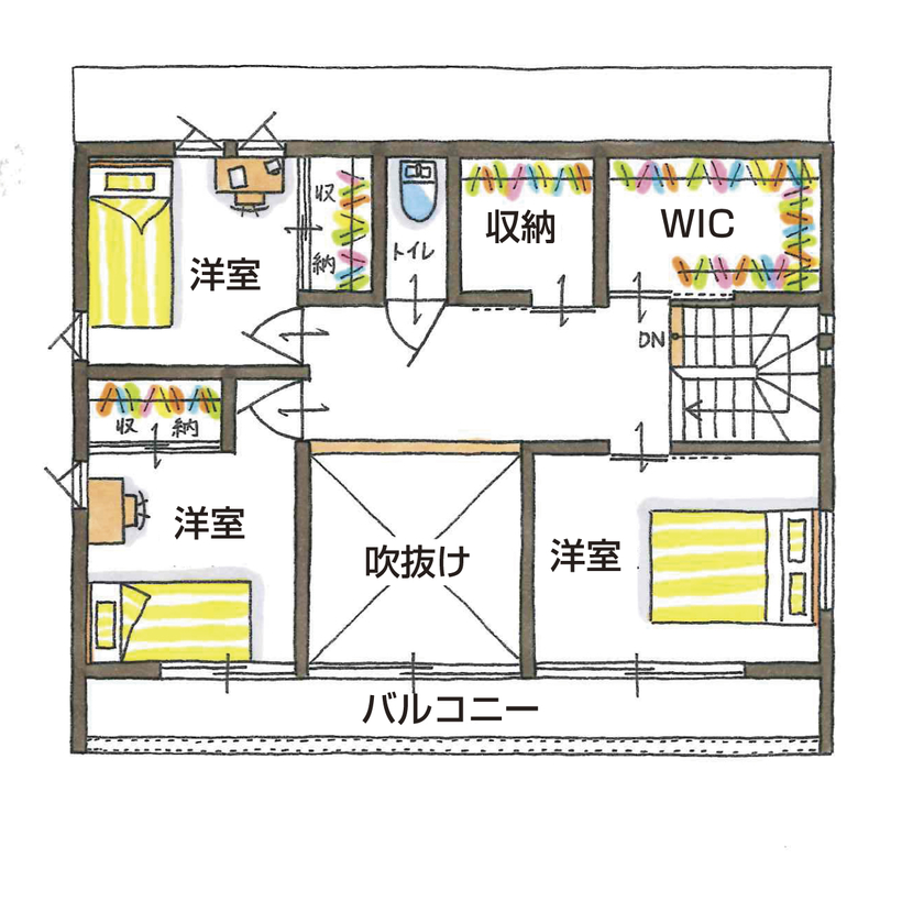シンプル工務店 【1000万円台/30坪台/3LDK/間取り図面】行きたい所にすぐ行ける家事動線が幸せ。大型収納が５つもできた！の間取り図（3LDK+2WIC+SCL）2階