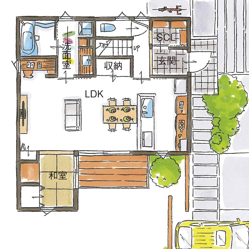 シンプル工務店 【岐阜/1000万円台/30坪台/4LDK/間取り図】東南の光をたっぷり取り込むL字の間取り。音楽演奏も楽しめる！の間取り図（4LDK）1階