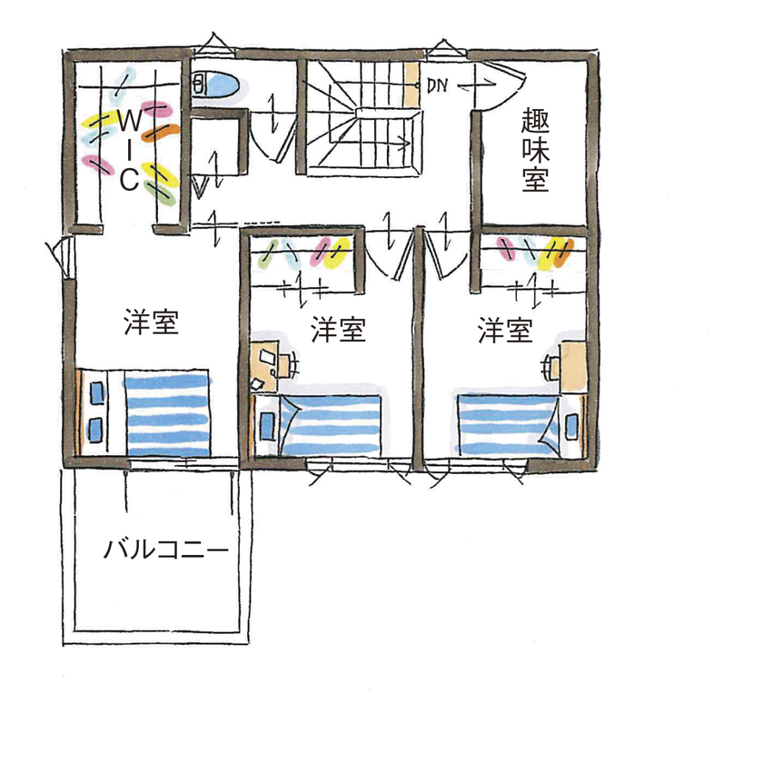 シンプル工務店 【岐阜/1000万円台/30坪台/4LDK/間取り図】東南の光をたっぷり取り込むL字の間取り。音楽演奏も楽しめる！の間取り図（4LDK）2階