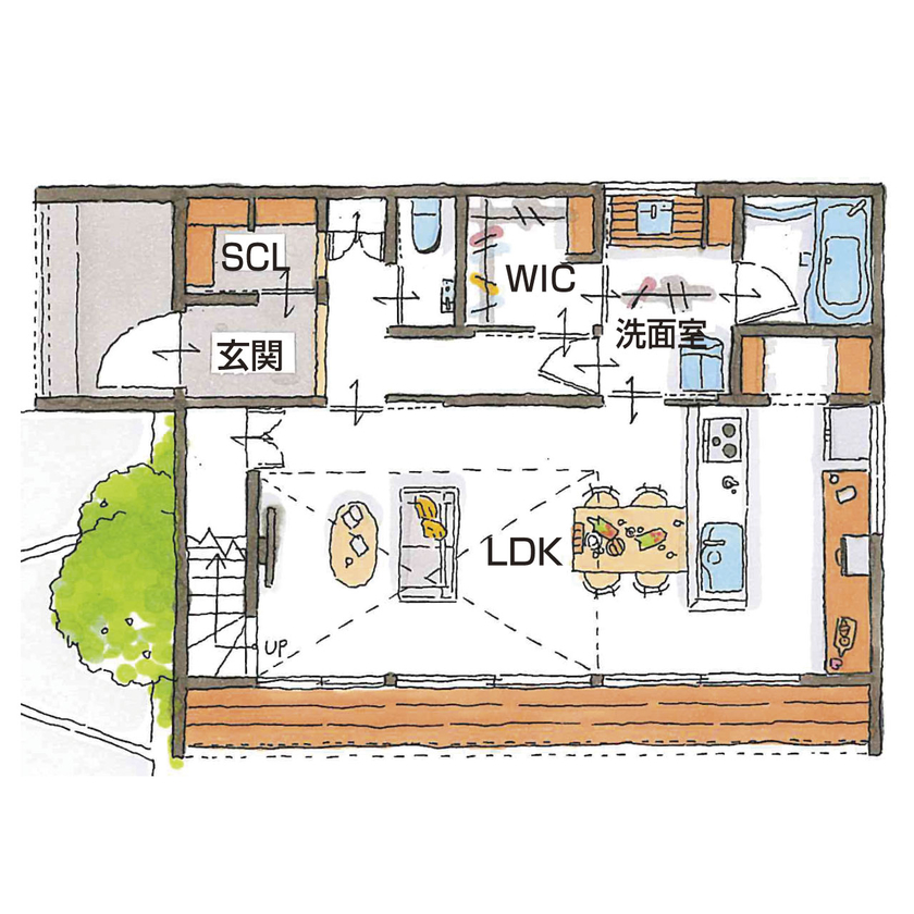 シンプル工務店 【1000万円台/30坪台/アイデア収納/間取り図】庭とつながるLDKで、休日のバーベキューが楽しみになる！の間取り図（3LDK）1階