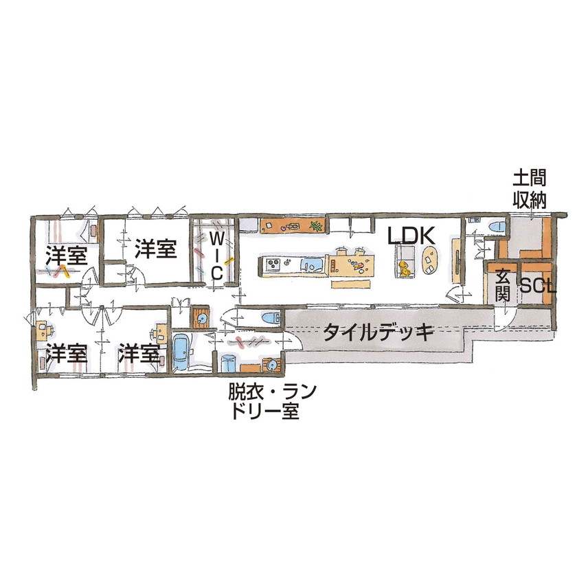 シンプル工務店 【1000万円台/30坪台/平屋/間取り図】タイルデッキを囲むＬ字型の平屋。LDKと個室のゾーン分けで居心地よくの間取り図（4LDK）1階