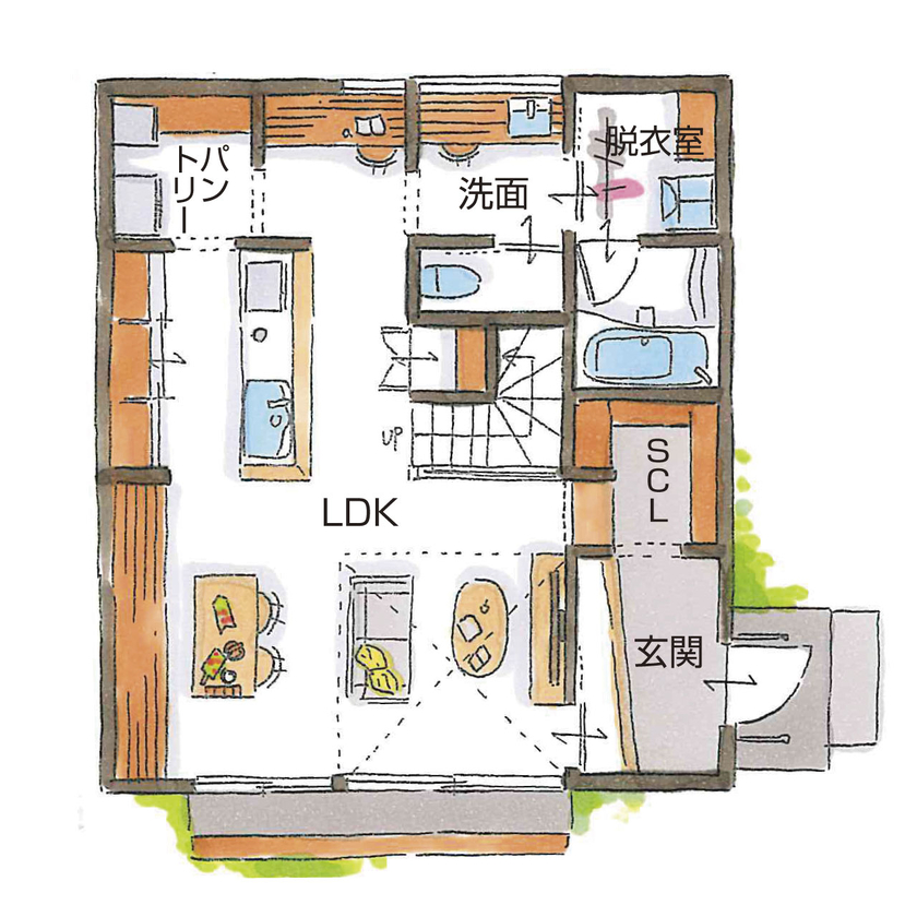シンプル工務店 【1000万円台/30坪台/3LDK/間取り図】猫と暮らす、三角屋根の白いおうち。大人かわいいインテリアも満喫の間取り図（3LDK+フリースペース）1階