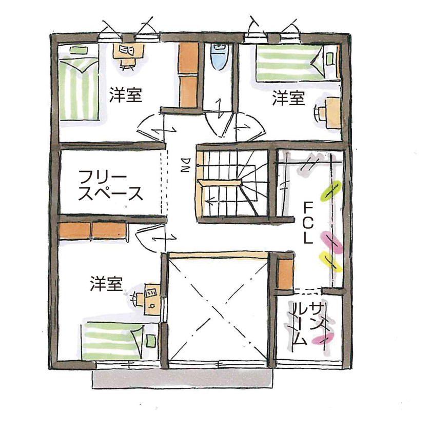 シンプル工務店 【1000万円台/30坪台/3LDK/間取り図】猫と暮らす、三角屋根の白いおうち。大人かわいいインテリアも満喫の間取り図（3LDK+フリースペース）2階