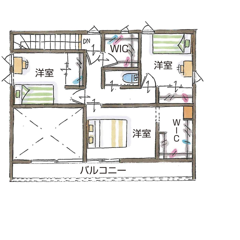 シンプル工務店 【1000万円台/30坪台/3LDK/間取り図】無垢床と優秀な動線が幸せ！子育てが、もっともっと楽しくなる家の間取り図（3LDK+タタミコーナー）2階