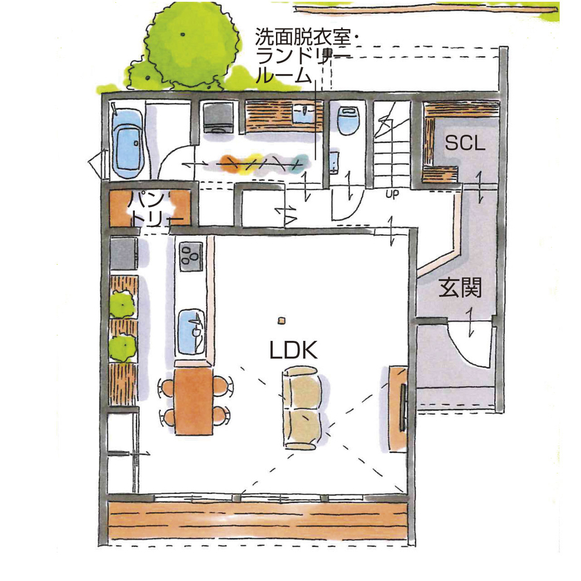 シンプル工務店 【1000万円台/30坪台/吹抜け/間取り図】「シンプルでおしゃれ」をまさに体現。仲間たちと賑やかに寛げる家の間取り図（3LDK）1階