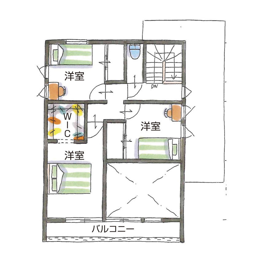 シンプル工務店 【1000万円台/30坪台/吹抜け/間取り図】「シンプルでおしゃれ」をまさに体現。仲間たちと賑やかに寛げる家の間取り図（3LDK）2階