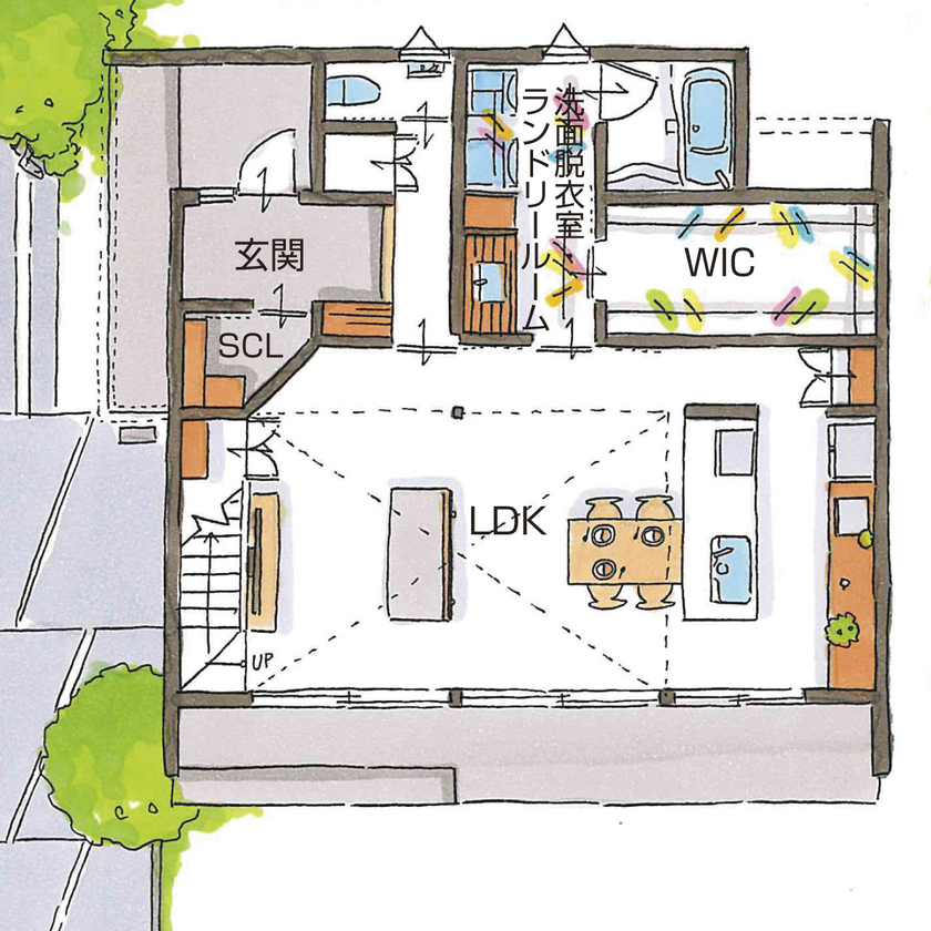 シンプル工務店 【1000万円台/30坪台/3LDK/間取り図】黒のかっこいいBOXの中は、レッドシダーとタイルが映える上質な空間の間取り図（3LDK）1階