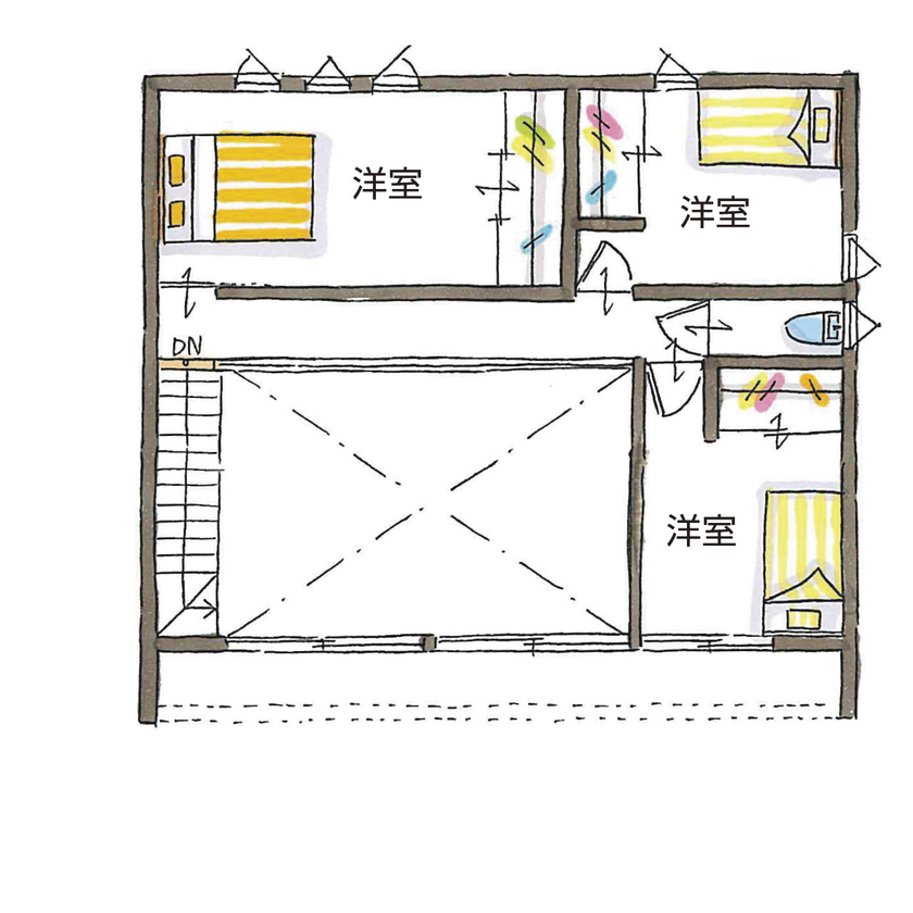シンプル工務店 【1000万円台/30坪台/3LDK/間取り図】黒のかっこいいBOXの中は、レッドシダーとタイルが映える上質な空間の間取り図（3LDK）2階