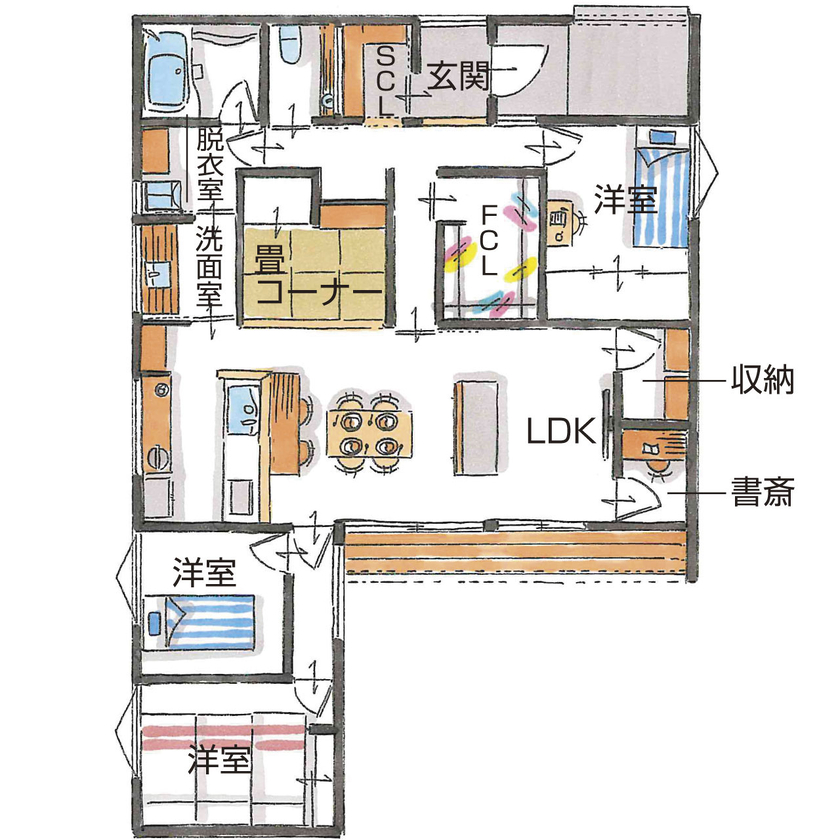 シンプル工務店 【1000万円台/平屋/30坪台/間取り図】見せると隠すが好バランス。アイデア収納ですっきり暮らせるL字の平屋の間取り図（3LDK+畳コーナー+書斎）1階