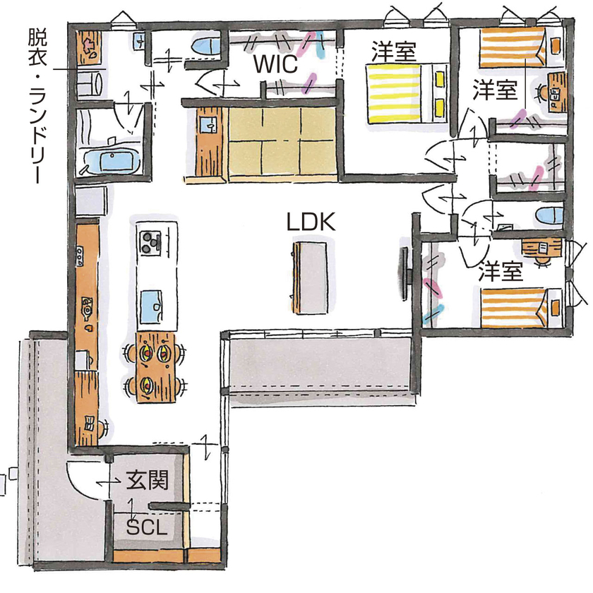 シンプル工務店 【1000万円台/平屋/中庭/30坪台/間取り図】プライベートを隠して中庭でゆったりと。黒を効かせたL字の平屋の間取り図（3LDK）1階