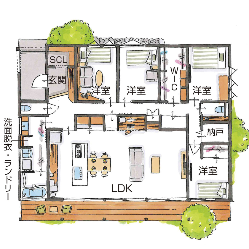 シンプル工務店 【2000万円台/平屋/バリアフリー/勾配天井/30坪台/間取り図】3世代の家族を紡ぐ、白い平屋の間取り図（4LDK）１階