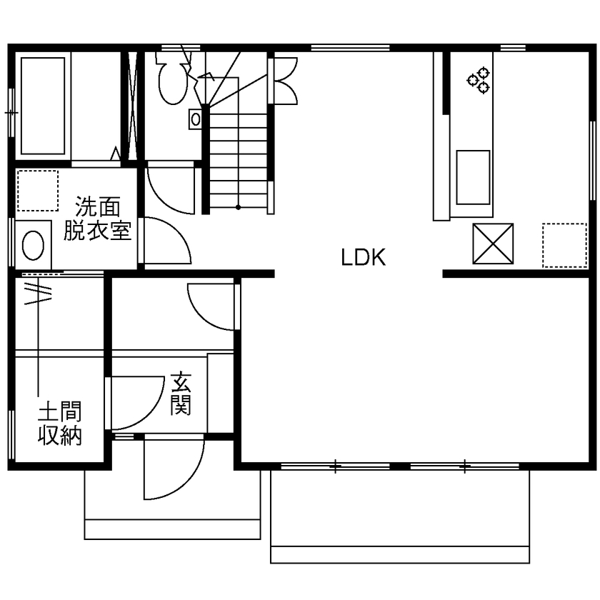 エースホーム山梨（芙蓉建設） 【リビング階段／インナールーフバルコニー／土間収納】真っ白な外壁が青空に映える洋風デザインの家の間取り図（2LDK）1階